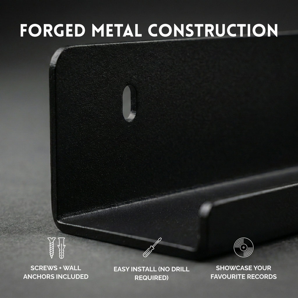 Black Metal Vinyl Record Floating Shelf - 1 Pack (Blacksmith Rack)