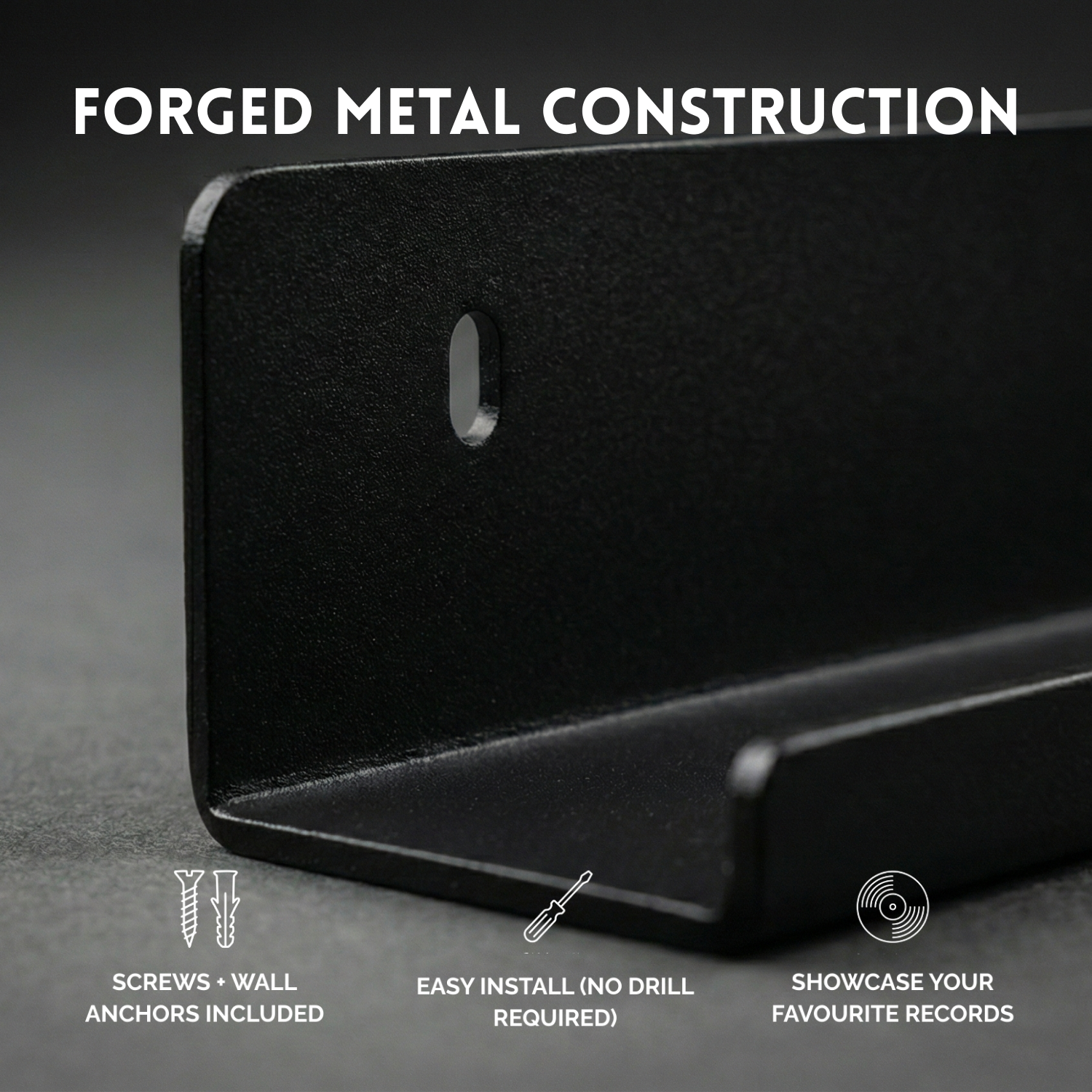 Black Metal Vinyl Record Floating Shelf - 1 Pack (Blacksmith Rack)