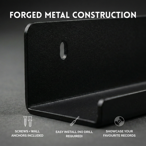 Black Metal Vinyl Record Floating Shelf - 1 Pack (Blacksmith Rack)