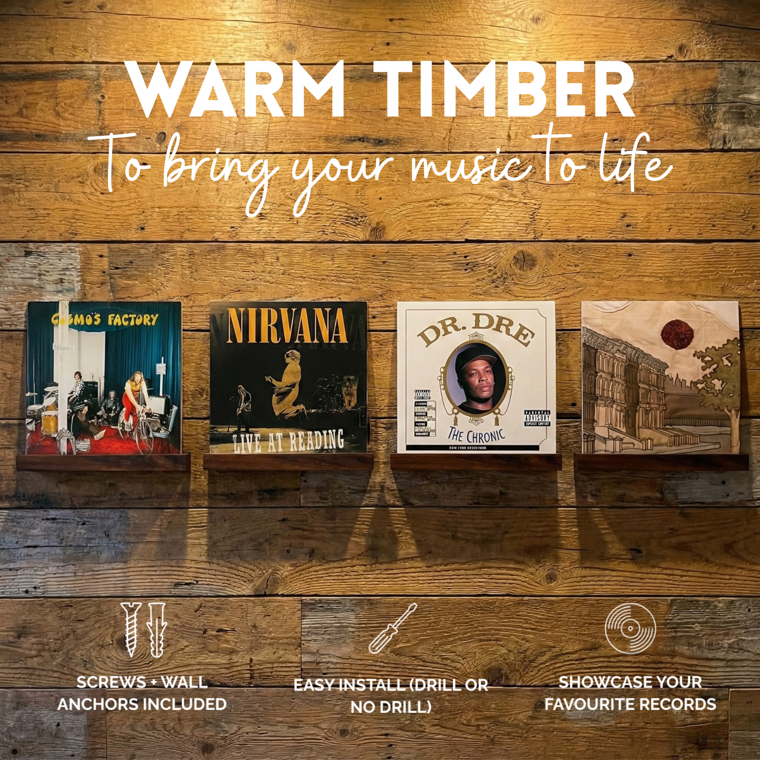 Acacia Wood Vinyl Record Display Shelf - 1 Pack (Craftsman Rack)