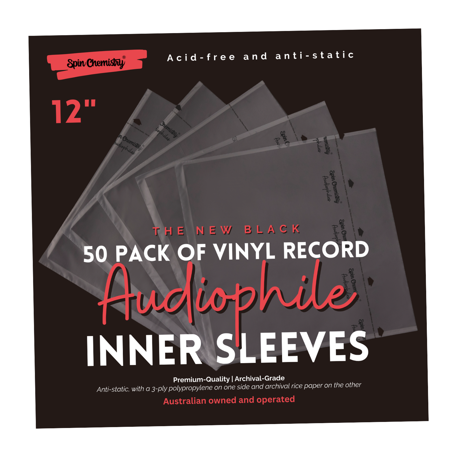50 Pack Archival Grade 12" Record Inner Sleeves (Black)